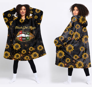 Black American Gift Black Pride Sunflowers Black Girl Magic Wearable Blanket Snug Hoodie For Teens And Adults