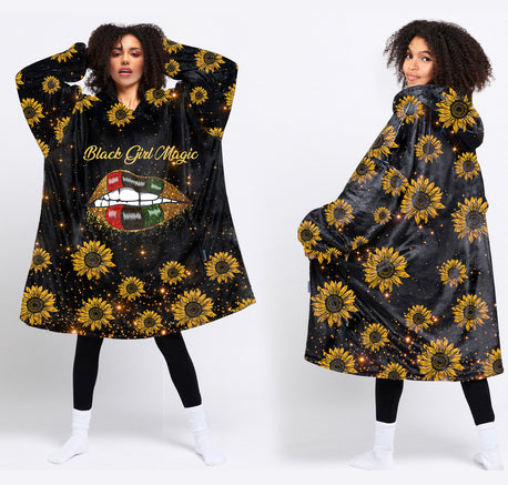 Black American Gift Black Pride Sunflowers Black Girl Magic Wearable Blanket Snug Hoodie For Teens And Adults
