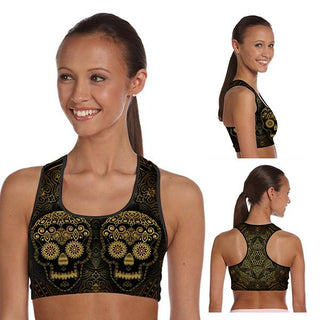 Padded Gym Fitness Sport 3D Golden Skull Printed Athletic Bra 001 - designfullprint