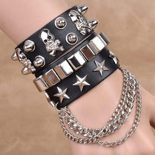 Multi-Layer Wide Leather Skull Bracelets