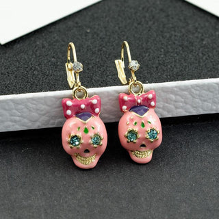 Halloween Pink Bow Skull Earrings