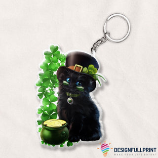 Black Cat Sit Next To Shamrocks Mini Pet Key Chain HG Gifts For Cat Lovers