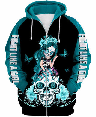 White Teal Cervical Cancer Awareness Zipup Hoodie T-shirt Sweatshirt