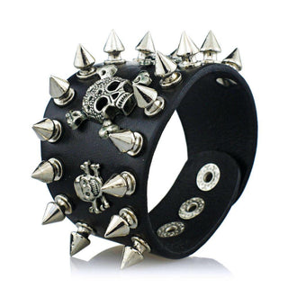Unique Rock Spikes Skull Punk Biker Leather Bracelet