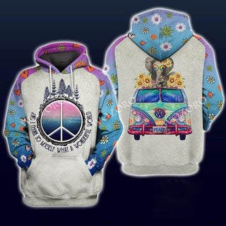 Gift For Elephant Lover Gift For Hippie Hippie And I Think To Myself What A Wonderful World Elephant Car Peace Unisex Hoodie CH
