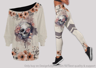 Skull Gift Floral Skull Off Shoulder Long Sleeves Top and Leggings Set LN