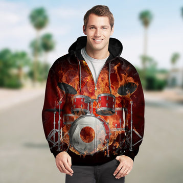 3D Fire Drummer Guitar Unisex Zip up Hoodie 001 - designfullprint