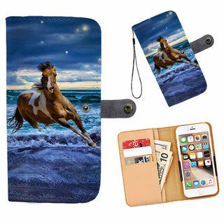 Cell Phone Wallet Case for Universal Models - 3D Horse and Blue Sea Printed Phone Wallet Case 002