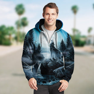 New Fashion Zip Up Hoodies - Howling Wolves and the Moon 002 - designfullprint