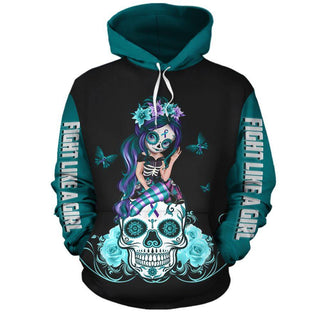 Skull Gift Purple And Teal Wearing Suicide Awareness Prevention Sugar Skull Girl Zip up Long Sleeve Tshirt Hoodie