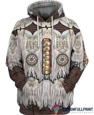 Gift For Native American White Brown Printed Fringe Pattern Pullover or Zip Up Hoodie or Sweater LN