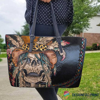 Skull Gift Skull And Feather Skull Leather Tote Bag HG