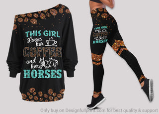 Gift For Horse Lover This Girl Loves Her Coffee And Her Horses Off Shoulder Long Sleeve Top and Leggings Set