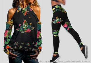 Gift For Hippie Tropical Pot Leaf Cut Out Shoulder Top And Legging Set LN