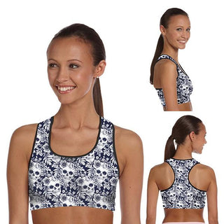 Padded Gym Fitness Sport 3D Blue Floral  skull Printed Athletic Bra 005 - designfullprint