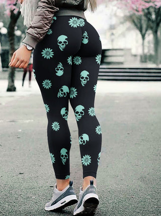 Women Elastic Skinny Sexy Sugar Skull and Daisy Leggings 012 - designfullprint