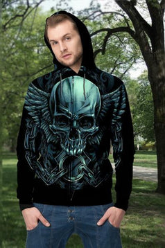 3D Green Skull Angel Wings Unisex Zip up Hoodie 005
