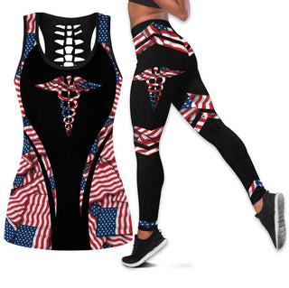 Medical Symbol Snake Caduceus Medical 4th July Independence Day American Flag Tank Top And Leggings Set