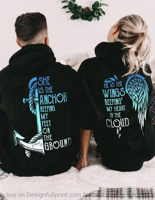 She Is The Anchor He Is The Wings Valentine Gift For Him For Her Valentine Hoodie Couple Hoodie Personalized Unisex Hoodie HG