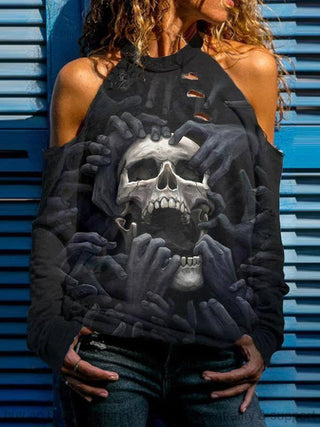 Skull Gift Screaming Skull Cut Out Shoulder Top PA