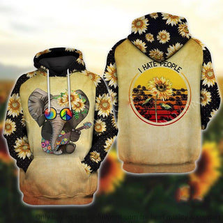 Gift For Elephant Lover Gift For Hippie Hippie I Hate People Sun Flower Guitar Elephant Unisex Hoodie CH
