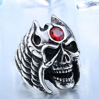 Winged Skull Red Stone Biker Ring