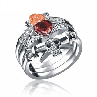 Gothic Skull Dagger Rose Heart Silver Plated CZ Ring