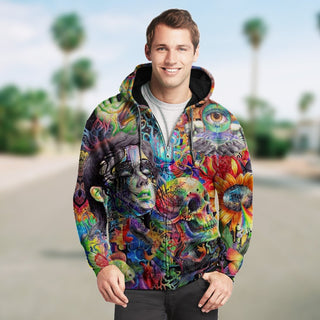 3D Colorful Abstract Skull and Girl Unisex Zip Up Hoodie 020 - designfullprint