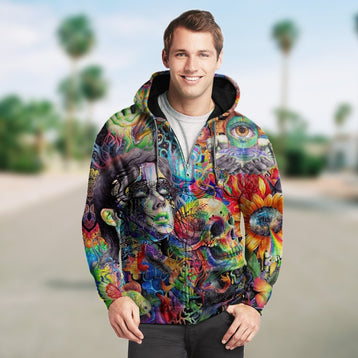 3D Colorful Abstract Skull and Girl Unisex Zip Up Hoodie 020 - designfullprint