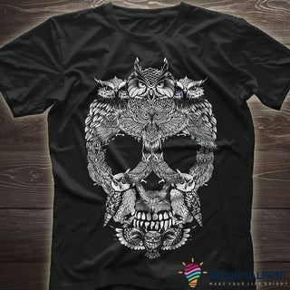 Skull Gift Owl Skull Head Black TShirt CH