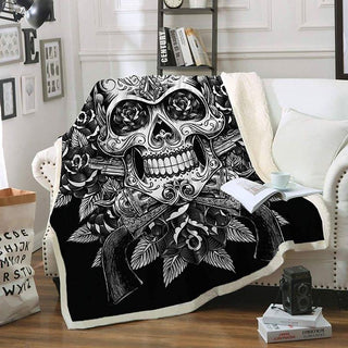 Skull Gift Iron Black And White Skull Flowers Rose Smile Blanket HG