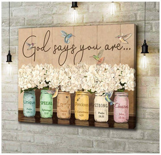 God Says You Are White Hydrangea Flower Jar And Hummingbird Daily Bible Verse Wall Art Canvas LH