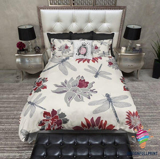 Gift For Dragonfly Lover Dragonfly With Flowers White And Red Bedding Set Red LN