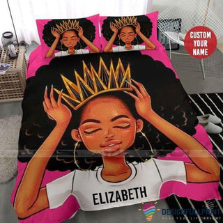 Black Pride African American Black Queen Black Girl With Crown Custom Name Bedding Set HG Black And Proud 365
