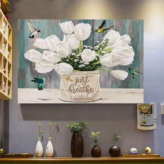 Just Breath Calmness Hummingbirds White Tulip Flowers Wall Art Canvas PA