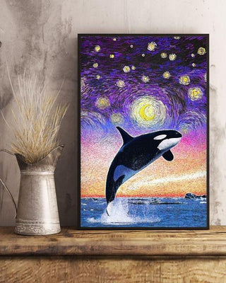 Beautiful Killer Whale Orca Taking Leap At Starry Night Wall Art Canvas PA