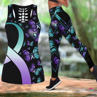 Gift For Butterfly Lover Butterfly Teal And Purple Ribbon Teal Cancer Color Meaning Suicide Prevention Suicide Awareness Tank Top And Leggings Set HG