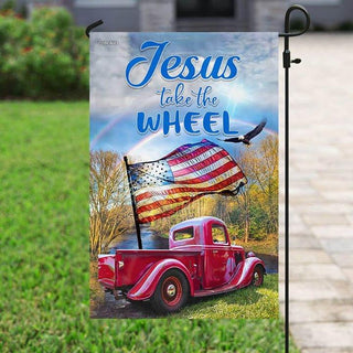 Gift For Christian Jesus Take The Wheel American Flag Christ Jesus Flag Gold Cross God Flag One Nation Under God US FLag LN
