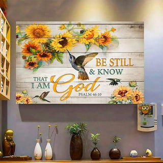 Be Still And Believe In God Bible Verse Hummingbird Sunflower Horizontal Wall Art Canvas