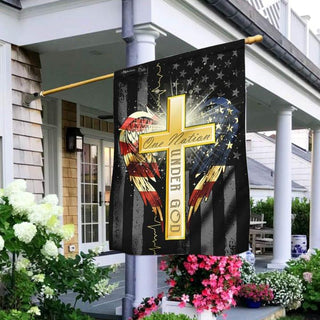 Gift For Christian Christ Jesus Flag Gold Cross God Flag One Nation Under God US FLag LN