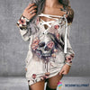 Skull Gift Gift For Hippie Floral Skull V-neck Off Shoulder Long Sleeve Dress LN