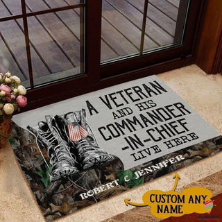 Gift For Veteran Lover Retired Soldier Personalized US Veteran And His Commander In Chief Live Here Veteran Camo Couple Live Here Doormat HG military doormats