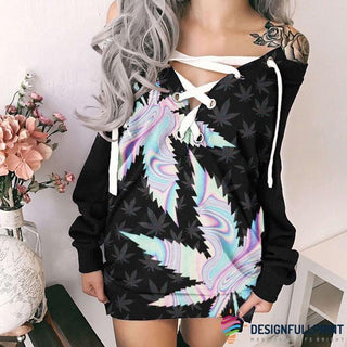 Gift For Hippie Hologram Pot Leaf Pattern V-neck Off Shoulder Long Sleeve Dress LN