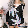 Gift For Hippie Hologram Pot Leaf Pattern V-neck Off Shoulder Long Sleeve Dress LN