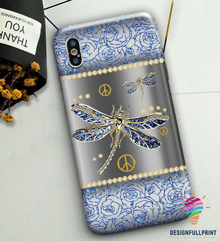 Gift For Dragonfly Lover Blue Dragonfly With Peace Symbol And Diamond Phone Case LN