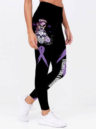 Skull Gift Purple Fight Like A Warrior™ Sugar Skull Girl Pancreatic Cancer/ Lupus / Alzeimer / fibromyalgia Awareness Premium Leggings