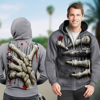 3D Skull Bones Ripped Through Unisex Zip up Hoodie 001 - designfullprint
