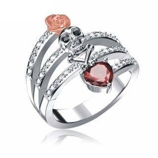 Classic Pirate Skull Rose Red Heart Crystal CZ Ring