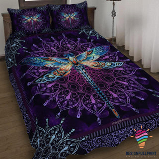 Gift For Dragonfly Lover Blue Dragonfly Mandala Purple Bedding Set LN