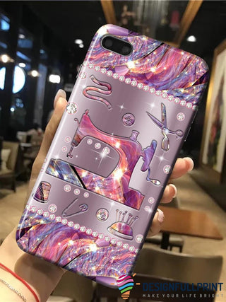 Pink Sewing Metal Pattern And Gemstone Print Sewing Phone Case HG